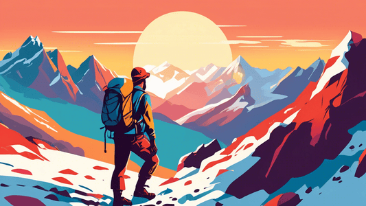 A serene mountain landscape at sunrise, featuring a beginner mountaineer with a backpack standing atop a hill, gazing at the path ahead, surrounded by rugged peaks and patches of snow, in a vibrant, p