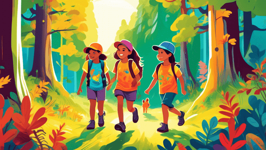 Children wearing vibrant animal-themed hiking t-shirts exploring a scenic forest trail, with illustrated magical elements like glowing footprints and small creatures hiding in the foliage, under a bri