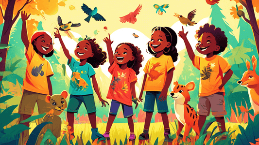 An illustration of a group of diverse children wearing vibrant animal-themed t-shirts, happily exploring a lush forest, with each child pointing out different wildlife and plants, under a bright, sunn