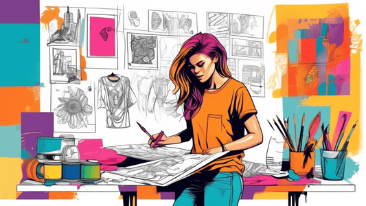 An artist sketching a variety of innovative and stylish graphic tee designs on a mood board, filled with vibrant colors and urban-inspired elements, in a bright, trendy studio environment.
