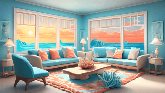 An interior living room elegantly decorated with an ocean theme, featuring a coral reef aquarium, seashell-patterned cushions, a sandy floor carpet, and light blue walls that mimic the sea, with a lar