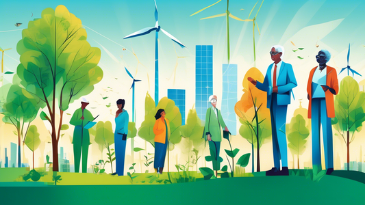 Create an image of a diverse group of people (including a scientist, a politician, a young student, and an elderly person) planting trees in a lush green urban park, with solar panels and wind turbine