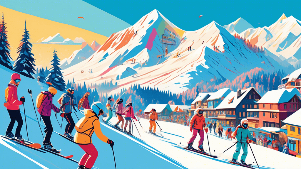 A vibrant digital artwork depicting a dynamic scene on a snowy mountain with diverse groups of people skiing and snowboarding under a clear blue sky, showcasing a variety of colorful outfits and equip