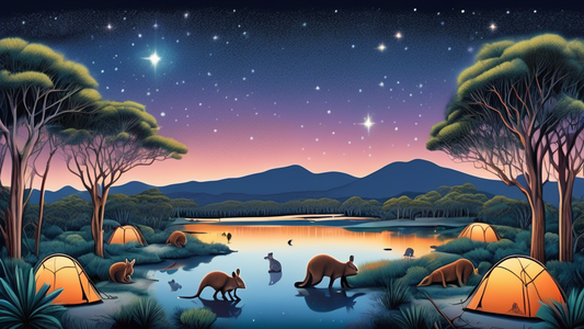 An illustrated map of Wilsons Promontory National Park at twilight, featuring cozy, glowing tents nestled among towering gum trees, with native Australian wildlife like kangaroos and wombats visible i