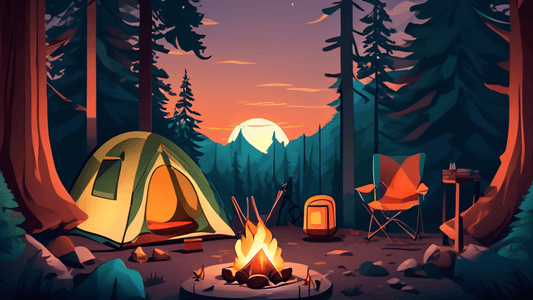 Cozy and inviting camping-themed setup in a lush forest at dusk, featuring a small tent illuminated from within, a crackling campfire with marshmallows on sticks, surrounded by camping gear like backp