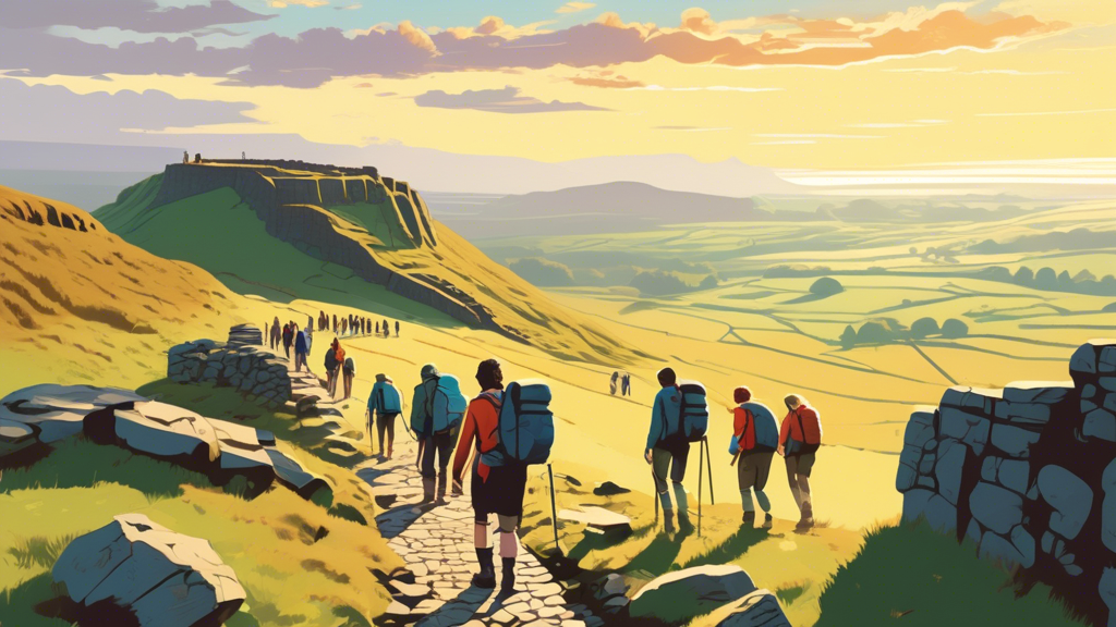 An early morning scene on the Hadrian's Wall Path, with soft sunlight illuminating the ancient stones and a diverse group of hikers with backpacks admiring the panoramic views of the lush countryside.