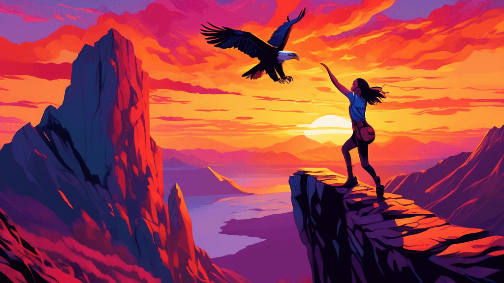 An exhilarating scene of a young woman scaling a towering, rugged cliff against a vivid sunset, with distant mountains in the background and eagles soaring in the sky.