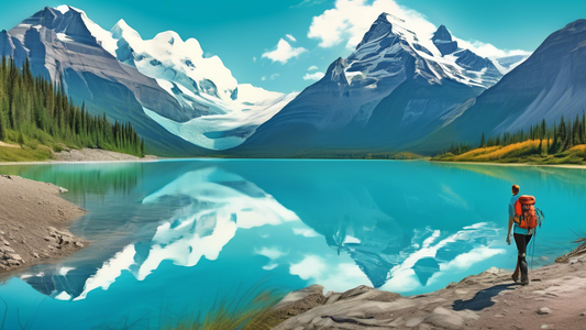 Create an awe-inspiring panoramic view of Berg Lake Trail, Canada, showcasing hikers in the foreground, with majestic Mount Robson towering in the background, reflecting in the crystal-clear, turquois