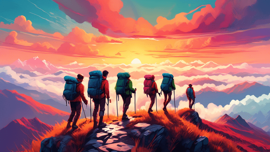 A group of hikers with backpacks trekking along a narrow mountain ridge above the clouds during sunset, with panoramic views of sprawling valleys and distant peaks, in a vibrant and dramatic landscape