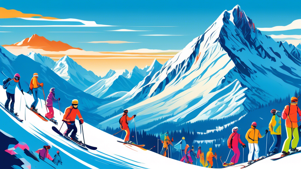 A vibrant, panoramic illustration of a snowy mountain landscape filled with diverse skiers and snowboarders enjoying various trails, featuring iconic American mountain ranges in the background, such a