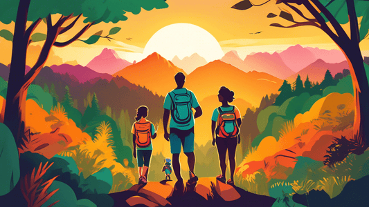 Happy family wearing animal-themed hiking t-shirts, smiling, with a scenic forest and mountain background, diverse wildlife peeking through the trees, during sunset.