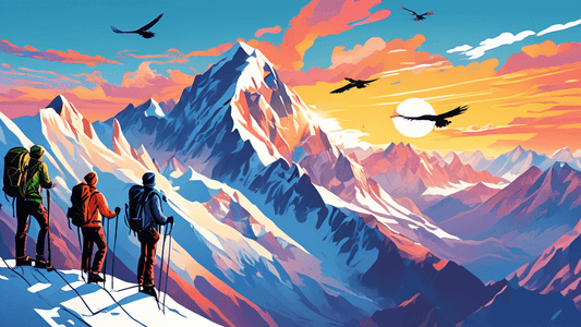 Create an awe-inspiring image of adventurers at the summit of a snow-covered mountain during sunrise, with a panoramic view of surrounding peaks, a clear blue sky, and eagles soaring above while climb