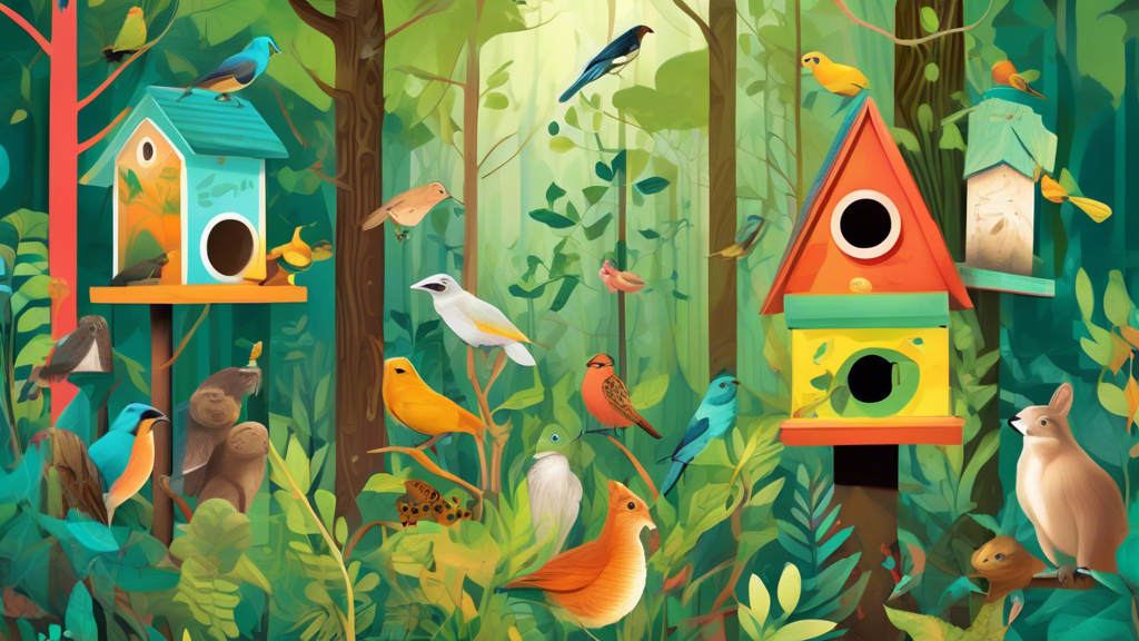 Digital artwork of diverse animals thriving in a lush, rejuvenated forest with visible signs of conservation, like birdhouses, barriers for protection, and researchers actively studying the habitat.