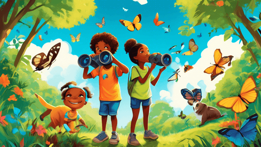 Three children of diverse ethnicities wearing colorful animal-themed t-shirts, exploring a lush green forest with binoculars and a magnifying glass, with a clear blue sky and butterflies fluttering ar