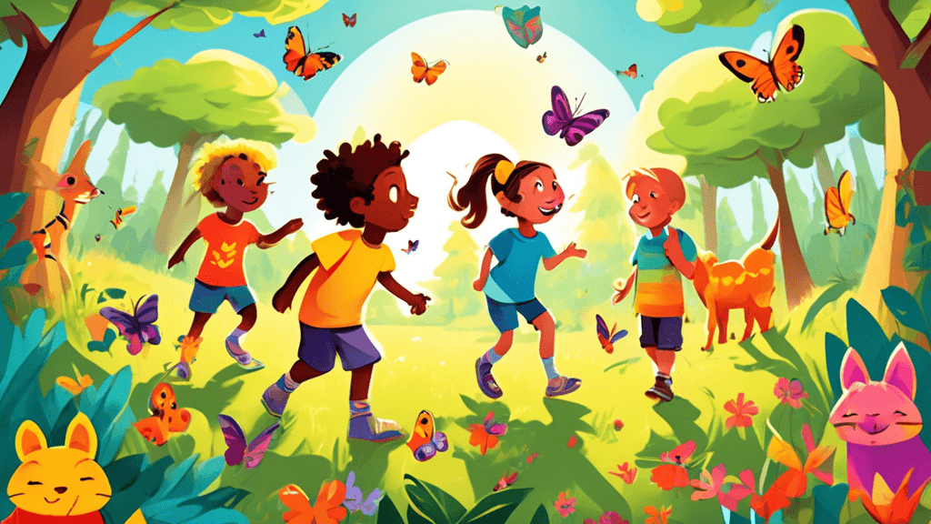 Children in colorful animal-themed T-shirts exploring a lush forest, interacting with friendly cartoon-style animals, under a bright sun with butterflies fluttering around.