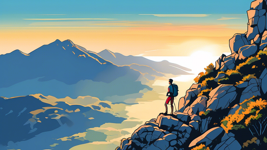 An intrepid hiker standing on a rugged mountain peak along the GR20 trail in Corsica, France, overlooking a breathtaking sunrise over the Mediterranean Sea, with a clear blue sky and the rocky, forest