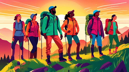 A group of diverse hikers in sustainable, colorful outdoor clothing made from recycled materials, standing on a scenic mountain peak, with the sunset and vibrant, lush greenery in the background.
