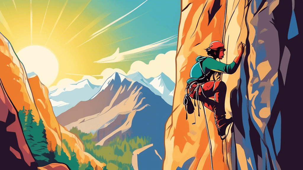 An experienced climber in action on a colossal, sunlit rock face, equipped with various climbing gear, illustrating techniques like effective use of footholds and securing a rope at a campsite on a le