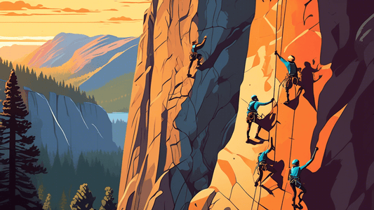 Stunning vista of a diverse group of climbers ascending a breathtaking cliff in the lush landscapes of Yosemite National Park during golden hour, with detailed climbing gear and expressions of determi