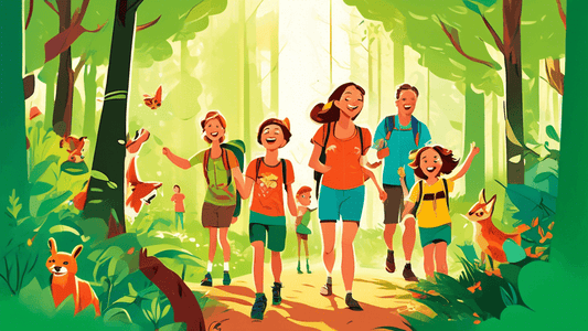 A cheerful family wearing vibrant, animal-illustrated t-shirts hiking through a lush green forest, with children pointing excitedly at woodland creatures, enjoying a sunny day.