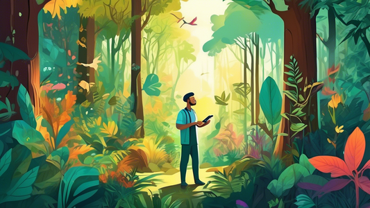 Stunning digital artwork of a diverse forest ecosystem, highlighting various species of wildlife in their natural habitat, with a biologist examining flora through a magnifying glass, all under a cano