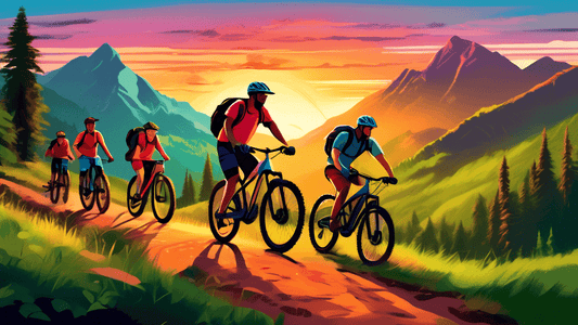 A vibrant digital painting showing a diverse group of beginners learning mountain biking on a scenic trail at sunset, with an instructor demonstrating balance techniques, surrounded by lush green fore