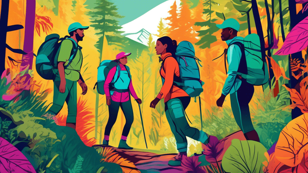 An artistically vibrant scene in a lush forest, showcasing a diverse group of hikers wearing innovative, colorful outdoor apparel by Trail Threads Co., with detailed designs emphasizing sustainability