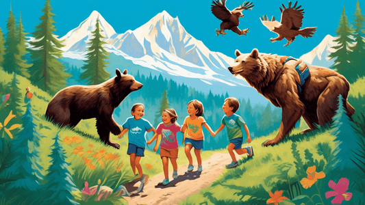 Create an image of a whimsical outdoor scene where a family of four, each wearing a colorful t-shirt featuring different animal designs (bear, eagle, wolf, and rabbit), are joyfully hiking through a l