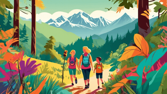 A cheerful family wearing colorful hiking tees with various animal prints, exploring a lush forest trail, with mountains in the background and wildlife peeking from the bushes.
