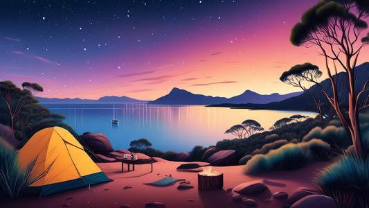 Serene twilight over Freycinet National Park with a cozy campsite nestled among eucalyptus trees, showcasing distant views of the iconic Wineglass Bay and the rugged Tasmanian coastline, under a star-