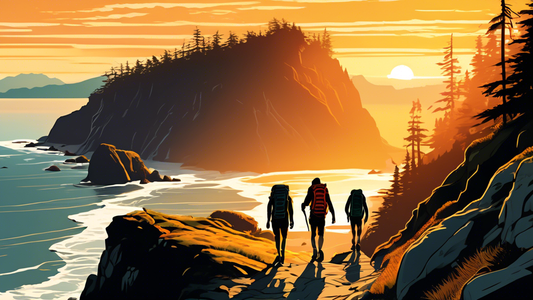 Stunning panoramic view of the West Coast Trail at sunset, featuring hikers with backpacks walking along the rugged coastal path, surrounded by towering ancient rainforest and dramatic ocean cliffs, w