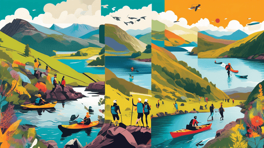 A vibrant collage depicting diverse adventure activities across the UK landscape: a group hiking in the Scottish Highlands, kayaking on Lake Windermere, climbing in the Peak District, and cycling on a