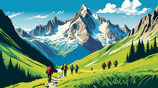 An awe-inspiring panoramic view of hikers trekking along the scenic trails of the Tour du Mont Blanc surrounded by lush green meadows and towering snow-capped peaks under a clear blue sky.
