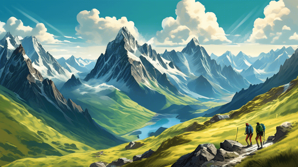 A breathtaking landscape panoramic view of diverse and majestic mountain ranges from around the world, with sunlight casting dramatic shadows and highlights on the peaks, featuring a mix of terrains f
