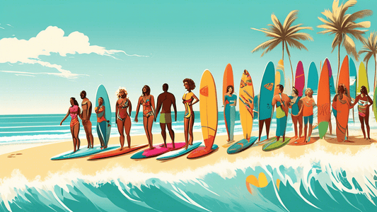 An illustrated scene on a sunny beach depicting a diverse group of people in colorful surfwear, enthusiastically learning different surfing techniques from a professional instructor, with vibrant surf