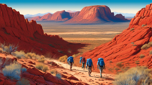 An early morning scene on the Larapinta Trail showcasing hikers equipped with backpacks walking along the rugged, red-rock terrain, surrounded by sparse desert flora under a vast, clear blue sky.