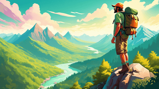 An intrepid explorer standing on a verdant mountain peak, overlooking a sprawling, untouched wilderness with a crystal-clear river winding through lush forests under a bright morning sky, equipped wit