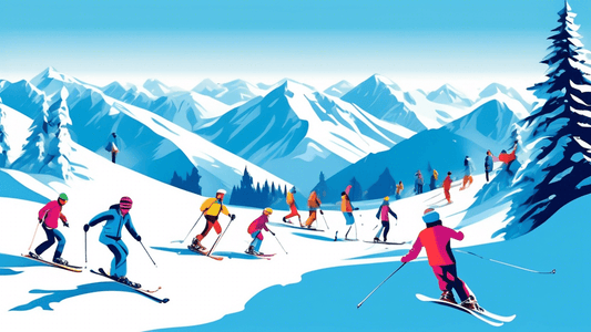 Dynamic scene of a mixed group of people engaging in various winter sports activities such as skiing, snowboarding, and ice skating, set against a picturesque snowy landscape with mountains in the bac