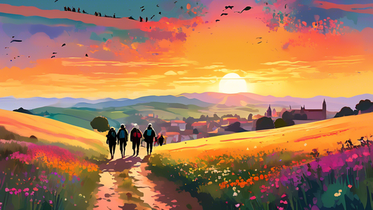 Digital artwork of a serene sunrise over the rolling hills of northern Spain, with a diverse group of pilgrims of different ages and ethnicities walking along the Camino de Santiago trail, their backp