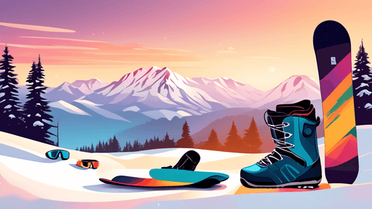 An array of essential snowboarding gear including a snowboard, boots, helmet, goggles, and gloves, stylishly arranged on a snowy mountain backdrop at sunset, with snow-capped trees and distant skiers 
