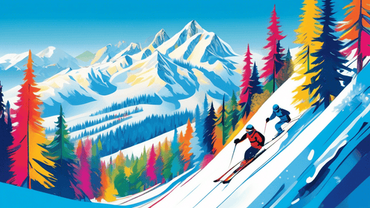 A vibrant winter landscape depicting an exhilarating skiing scene on a bustling mountain slope, with skiers in colorful gear descending sharply against a backdrop of snow-covered pine trees under a br