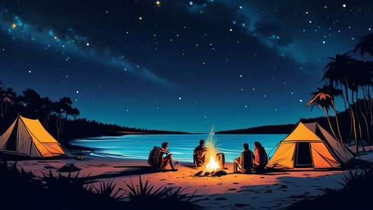 Nighttime camping scene on Fraser Island, with a group of friends gathered around a campfire under the starry sky, their tents pitched beside a 4x4 vehicle, with dense rainforest in the background and