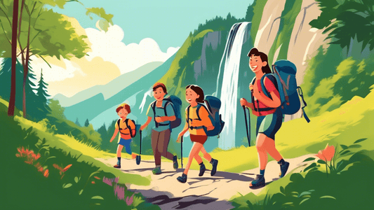 a family of four with two young children joyfully hiking on a scenic mountain trail, surrounded by lush greenery and a waterfall in the background, wearing comfortable hiking gear and backpacks, a sun