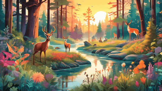 An enchanting landscape at sunrise showcasing a diverse wildlife scene in a lush, dense forest, with a crystal-clear stream winding through it, vibrant wildflowers dotting the foreground, and a variet