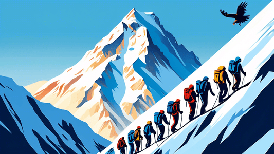 An exhilarating scene of a diverse group of climbers ascending a majestic, snow-capped mountain under a clear blue sky, with an eagle soaring above them.