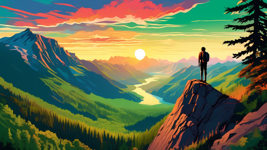 Digital artwork of a hiker overlooking a breathtaking view from the Skyline Trail in Canada's National Parks, showcasing lush greenery, towering mountains, and a distant sunset.