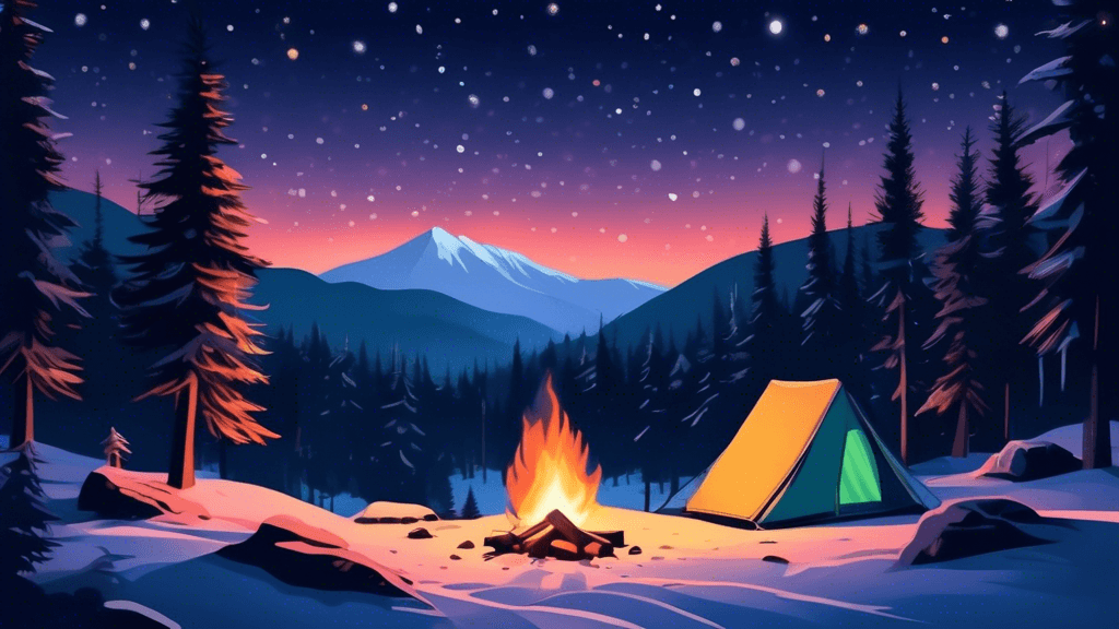 A serene winter landscape in North Carolina featuring a small, cozy campsite with a tent surrounded by snow-covered pine trees, a campfire glowing warmly under the starry night sky, and a clear view o