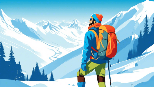 An adventurous hiker dressed in winter gear, standing on a snowy mountain trail, with a backpack showcasing visible essentials like thermal flask, extra layers, map, and compass, under a clear blue sk
