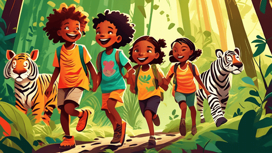 Group of diverse children happily hiking through a lush green forest, wearing colorful, ethically made apparel featuring vibrant animal prints like tigers and zebras, observed by real animals in a pea