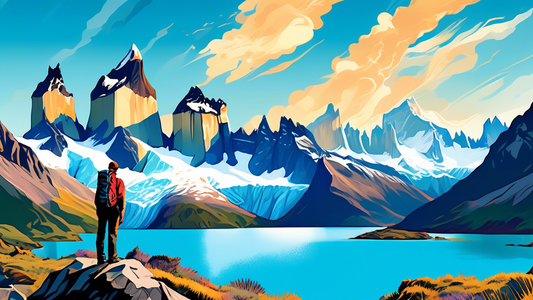 Vivid illustration of a hiker overlooking the majestic Torres del Paine peaks, with crystal blue lakes and diverse wildlife in the foreground, under a bright sunlit sky.